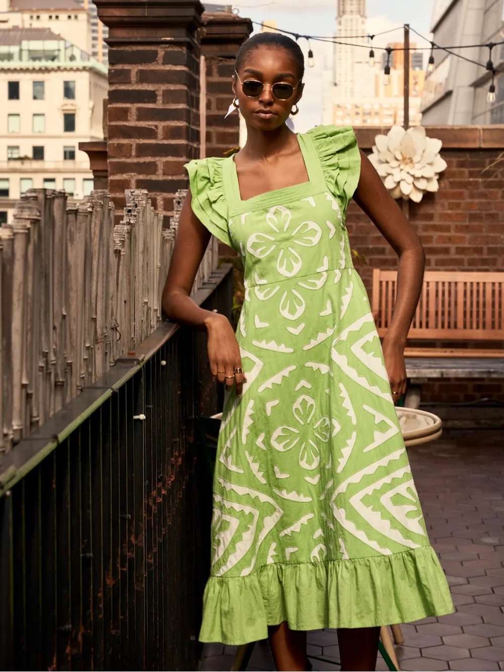 Love The Label Arya Ruffle Sleeve Appliqué Midi Dress Opaline Green Large L